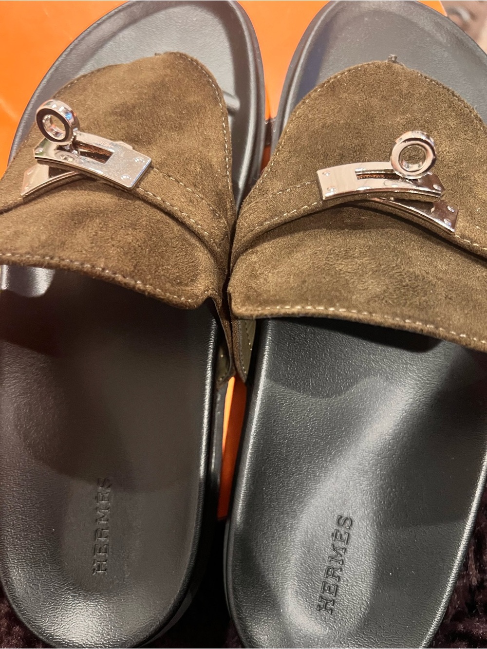 No name brand Olive green Suede Slide Mules with Silver Hardware